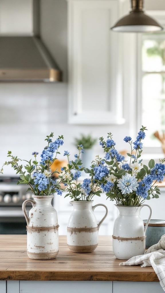 Three rustic vases filled with blue flowers on a wooden kitchen table