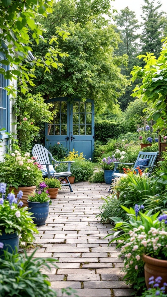 A garden pathway lined with blue chairs and colorful flower pots, leading to a blue door surrounded by greenery.