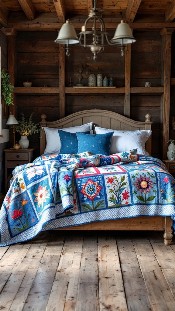 A cozy farmhouse bedroom featuring a blue quilt on the bed, with floral patterns and wooden accents.