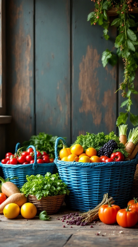 Blue wicker baskets filled with fresh produce, set against a rustic wooden background