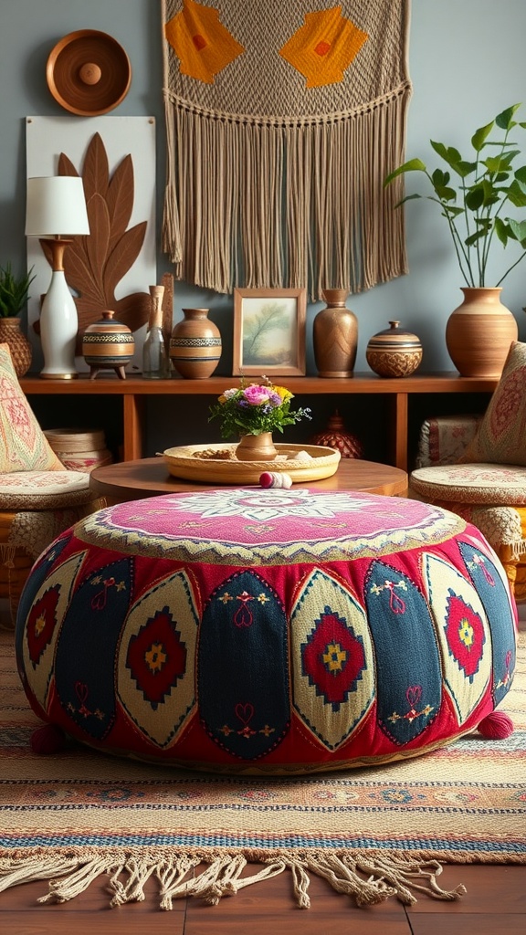 A colorful Bohemian pouf ottoman in a cozy living room setting.