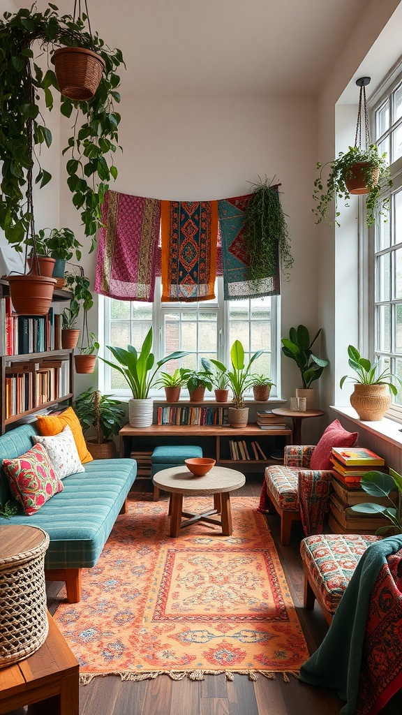 A cozy reading room with bohemian decor, featuring colorful textiles, plants, and comfortable seating.