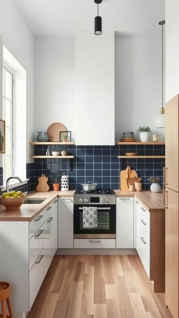 A modern Scandinavian kitchen featuring a bold blue accent wall with white cabinets and wooden accents.