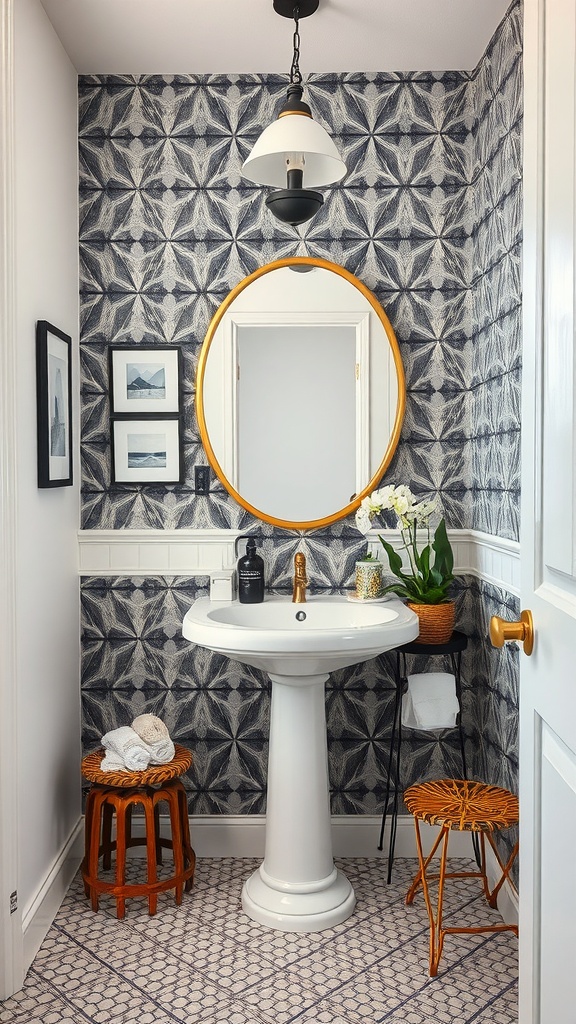A bathroom with bold geometric patterned wallpaper, a round mirror, and stylish accessories.
