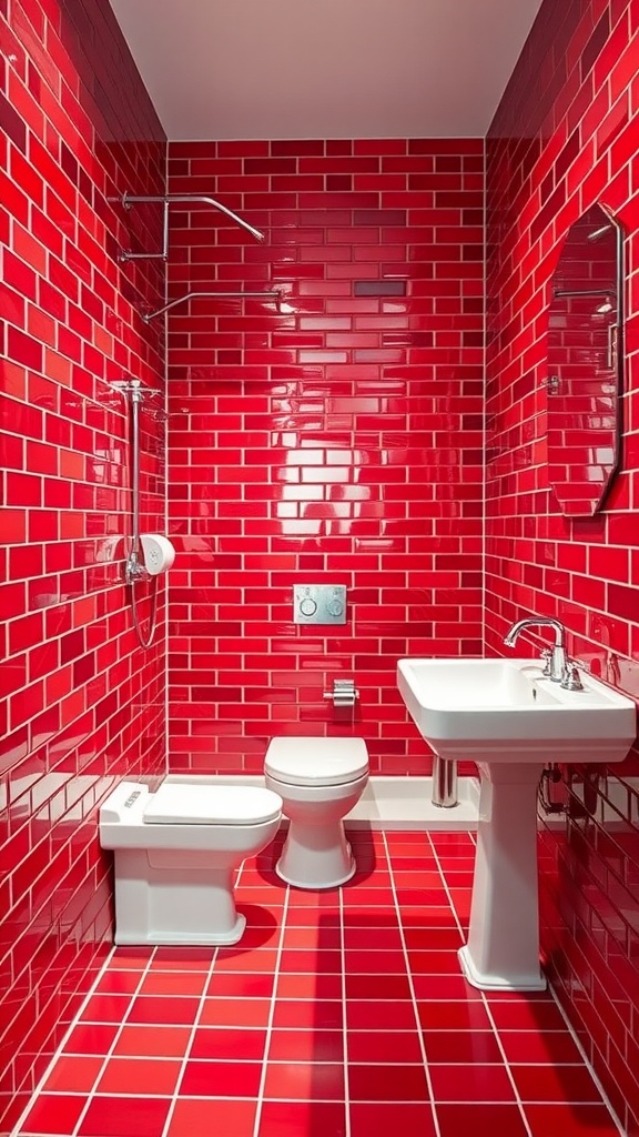 A bathroom with cherry red wall and floor tiles, featuring white fixtures including a sink and toilet.
