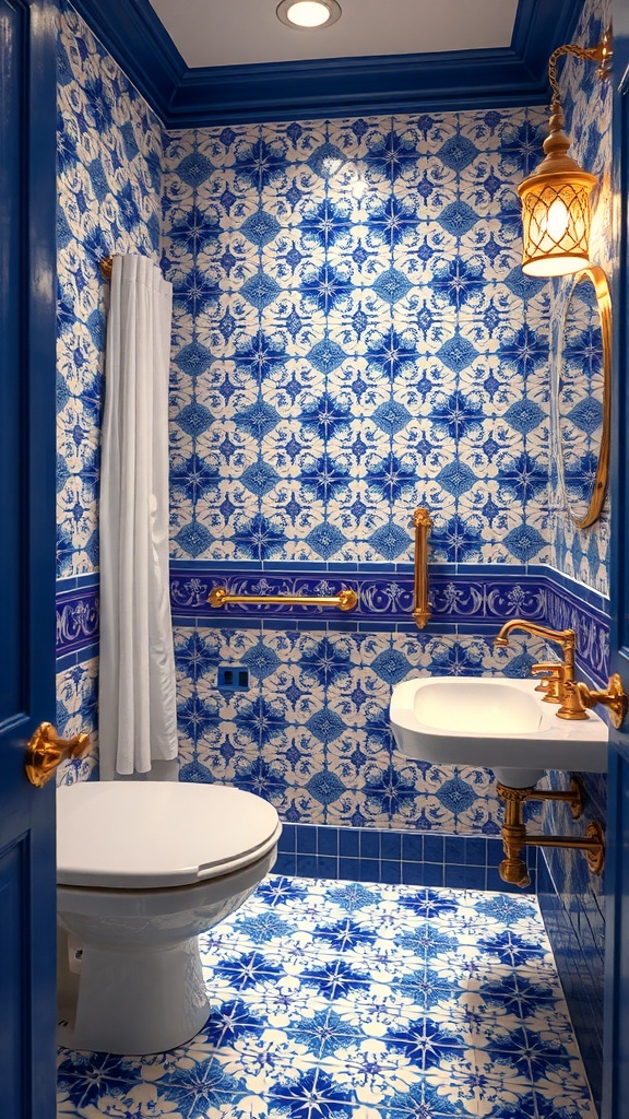 A bathroom with intricate blue patterned tiles on the walls and floor, accented by royal blue details and gold fixtures.