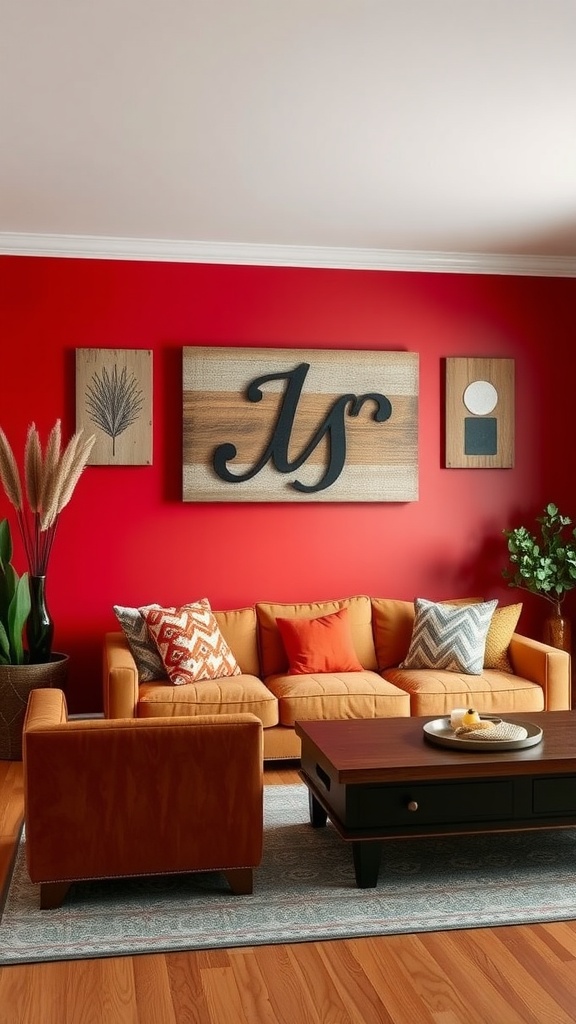 Living room with a bold red accent wall, featuring a cozy sofa and decorative elements.