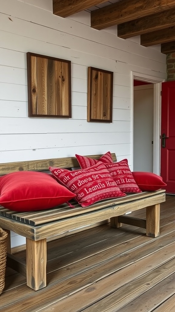 A cozy wooden bench with bold red decorative cushions, set against a white wall and wooden beams.