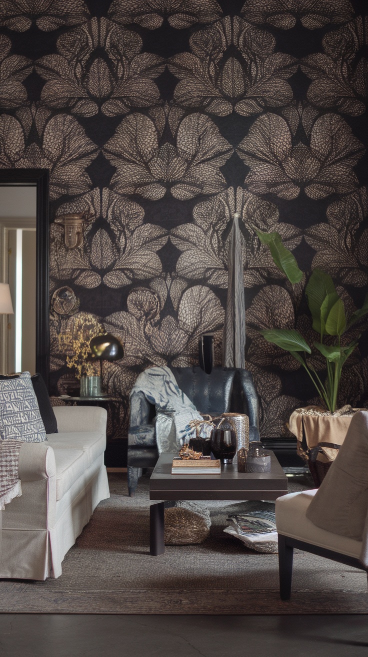 Living room with dark patterned wallpaper, blue sofa, colorful cushions, and artistic wall decor
