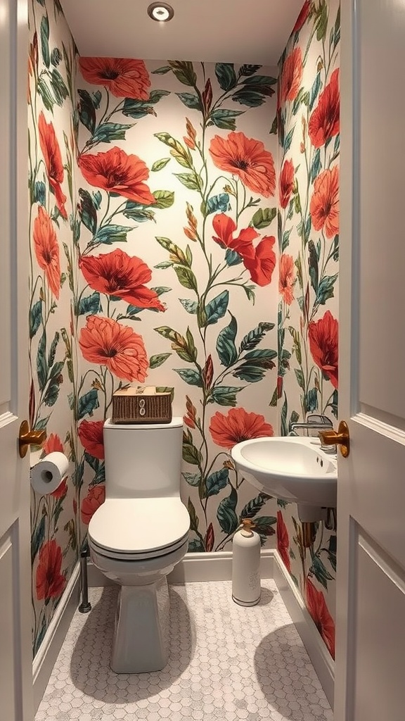 Small bathroom featuring bold floral wallpaper, a white toilet, and a sink
