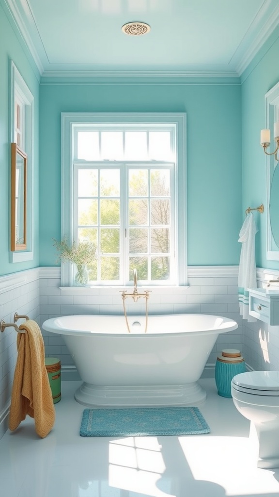 Bright bathroom with aqua walls, white bathtub, and sunlight streaming through the window