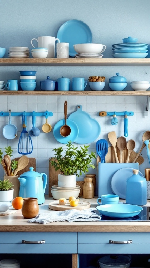 Bright blue kitchen accessories on shelves with pots, plates, utensils, and plants