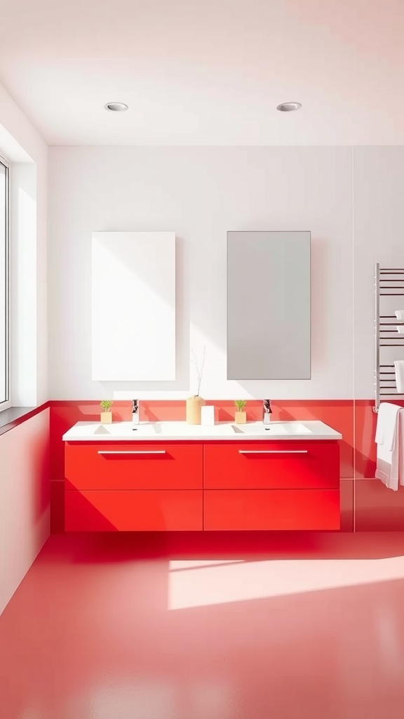 A bright red and white bathroom featuring a double sink vanity, minimalist mirrors, and natural light.