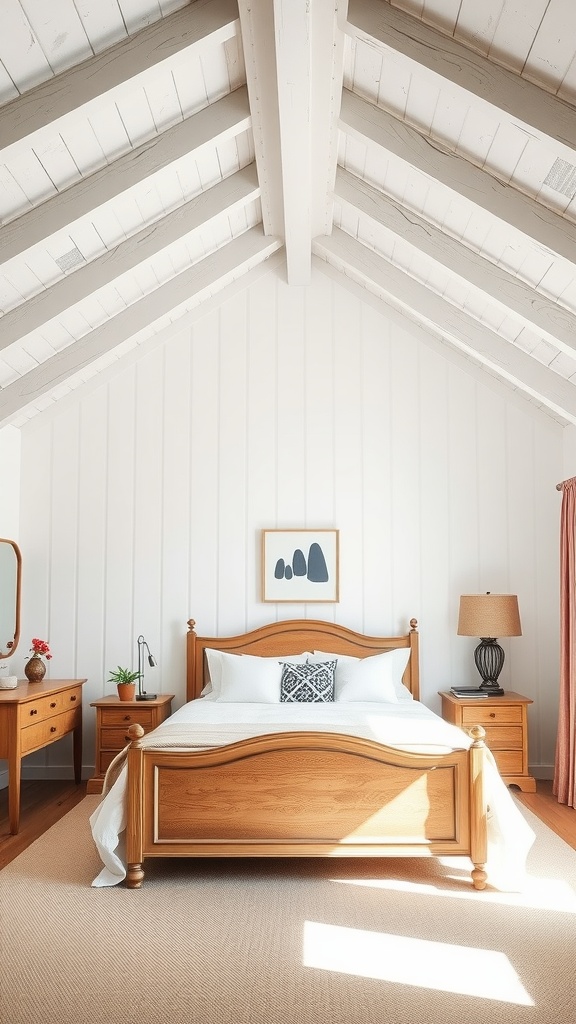 A bright country bedroom featuring white ceiling beams, natural wood furniture, and a cozy atmosphere.