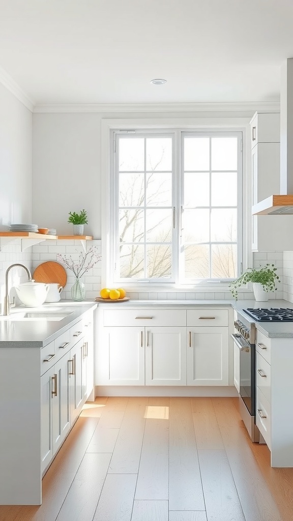 A bright white kitchen with large windows, wooden accents, and potted plants.