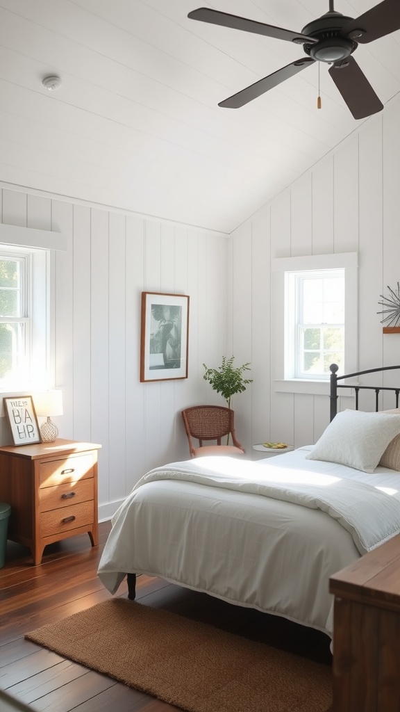 A cozy bedroom with bright white shiplap walls, wooden floors, and simple furniture.