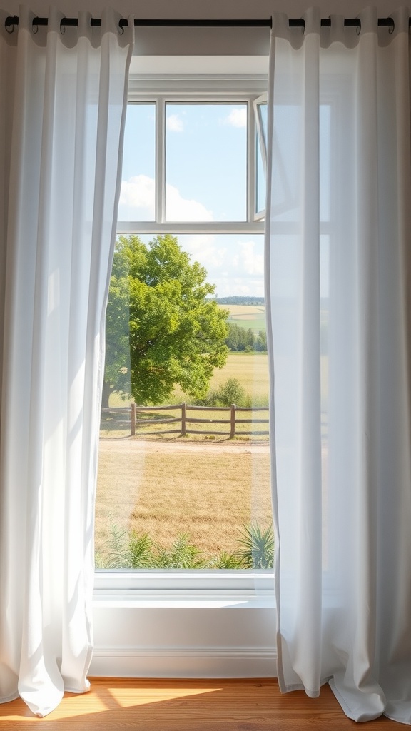 Bright white curtains framing a picturesque view of green trees and a field