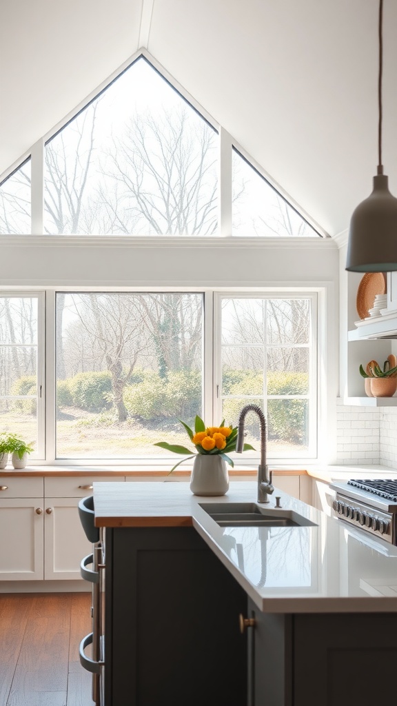 A modern farmhouse kitchen with large windows allowing natural light and a view of the outdoors.