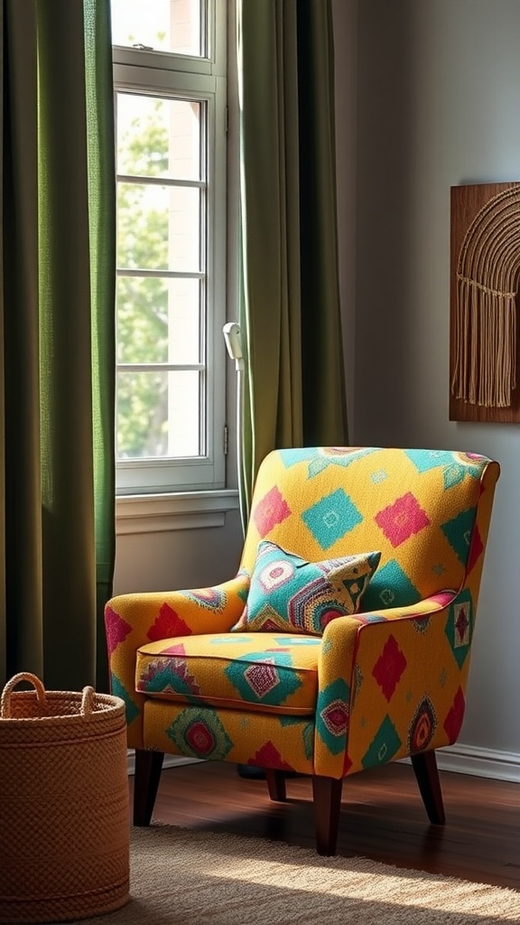 Brightly colored accent chair in a cozy living room setting
