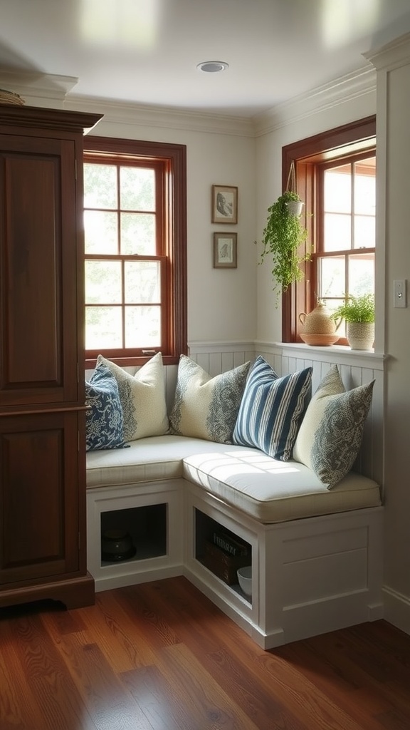 Cozy built-in bench seating with cushions in a modern farmhouse kitchen, featuring decorative pillows and natural light from windows.