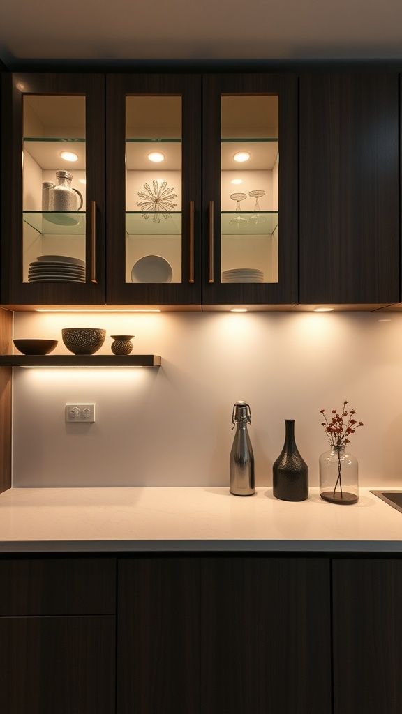 Dark wood kitchen cabinets with built-in lighting showcasing glassware and dishes.