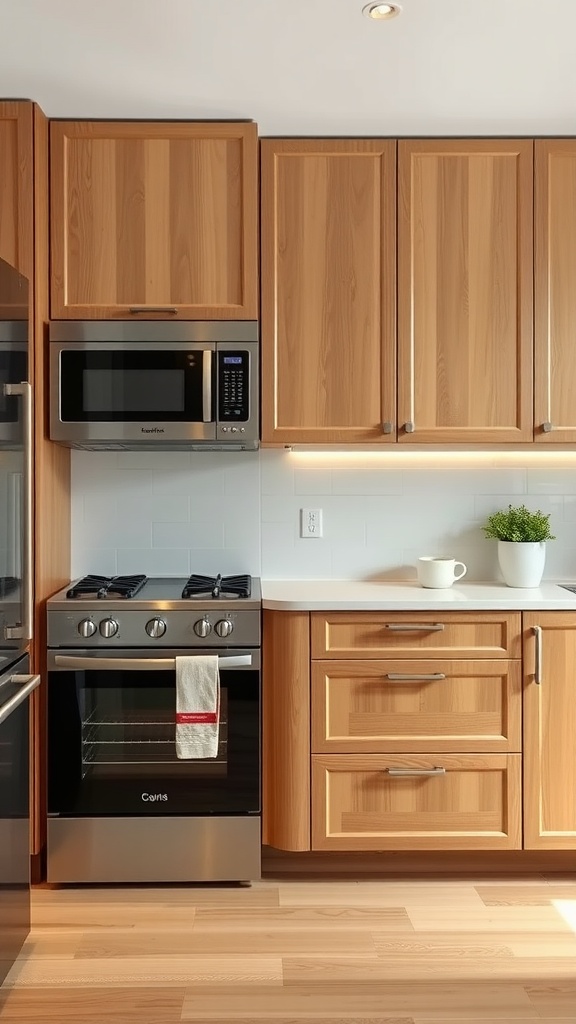 A modern kitchen featuring wooden cabinets with an integrated microwave and oven.