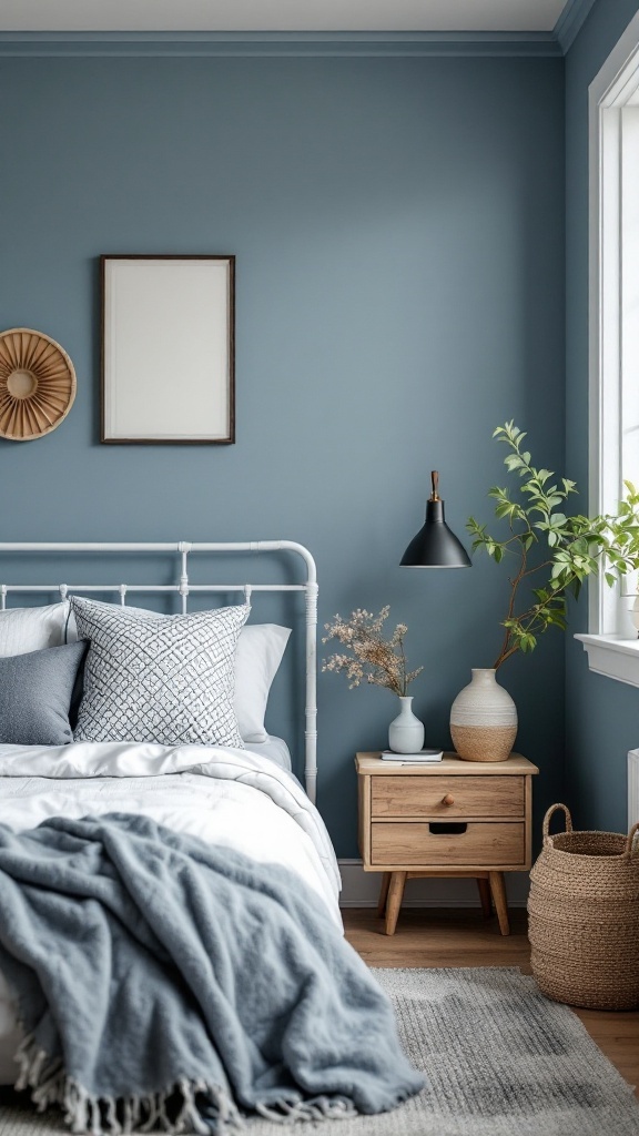 Cozy bedroom with calming blue accent wall, featuring a bed with light linens, decorative pillows, a wooden bedside table, and green plants.