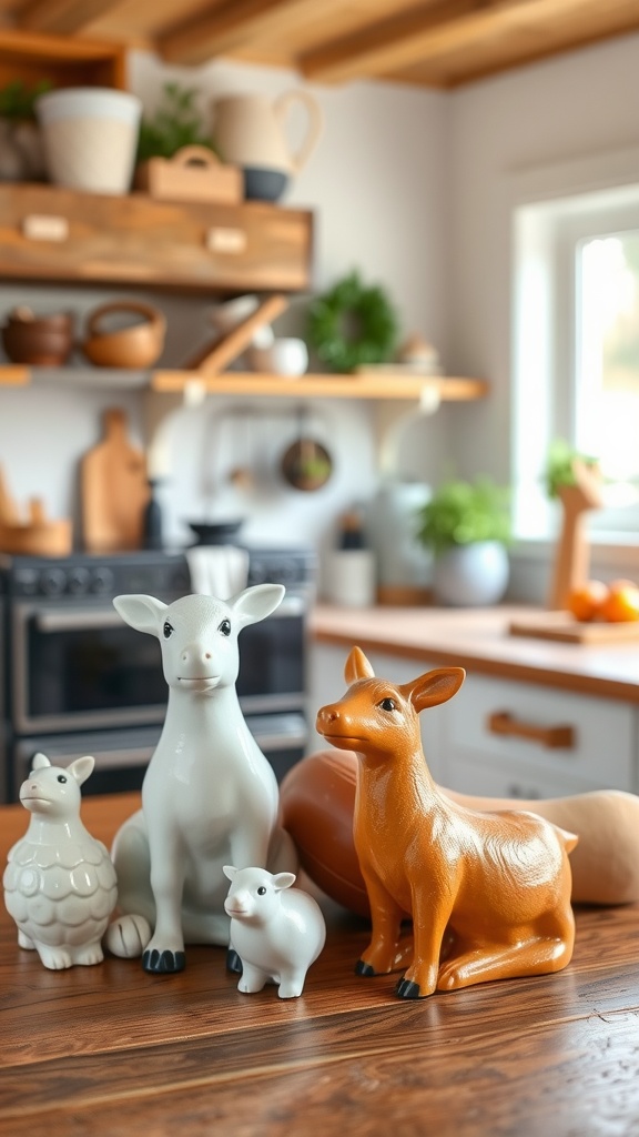 Ceramic farm animal decor in a modern farmhouse kitchen