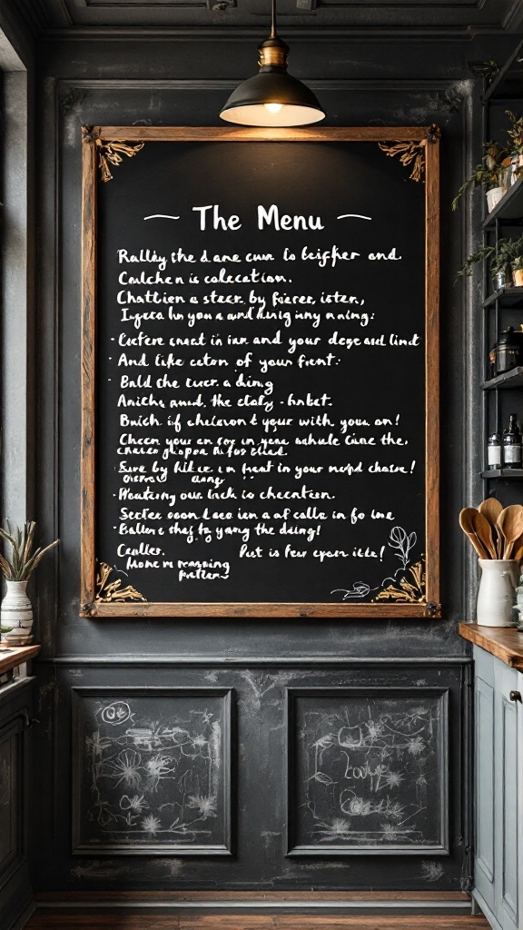 Chalkboard menu wall art with decorative border and handwritten menu items