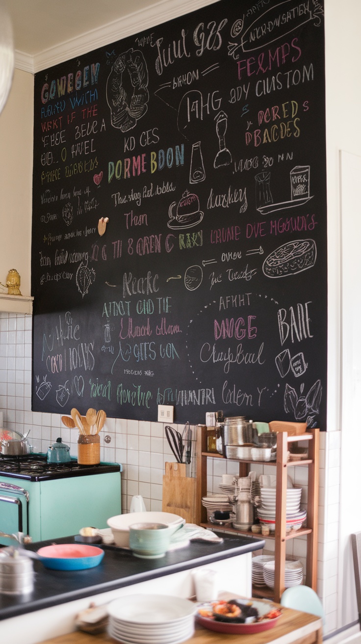 A vibrant chalkboard wall filled with colorful notes and doodles.