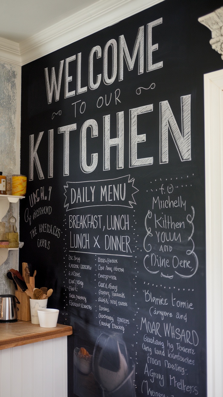 Chalkboard wall in a kitchen displaying notes and menus