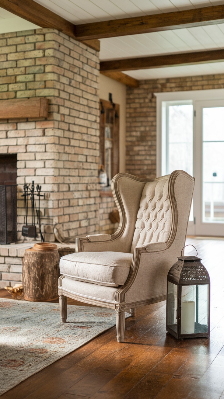 Two light-colored accent chairs with decorative pillows and a knitted throw in a farmhouse living room.