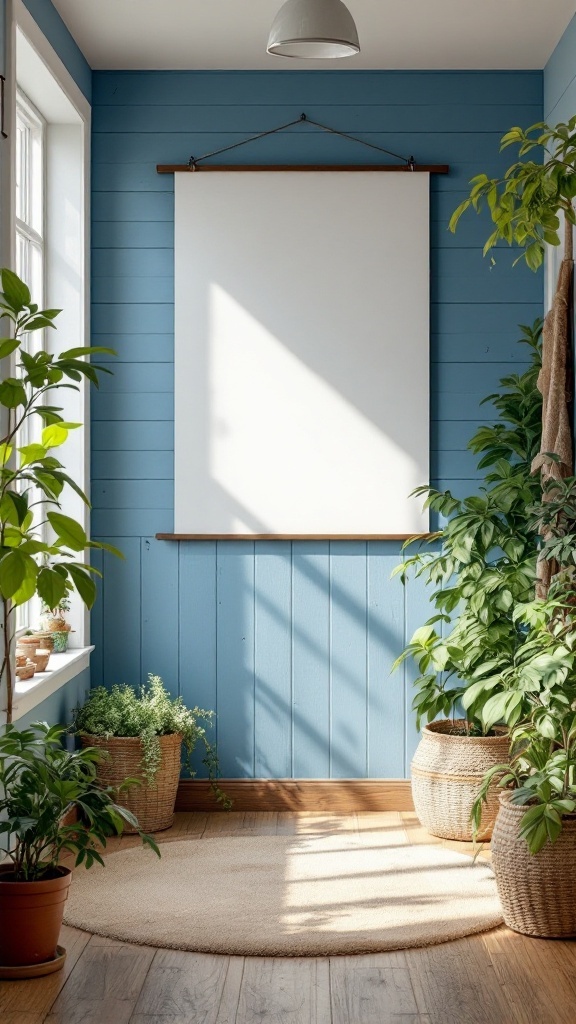Bright room with blue shiplap walls, plants, and a blank canvas