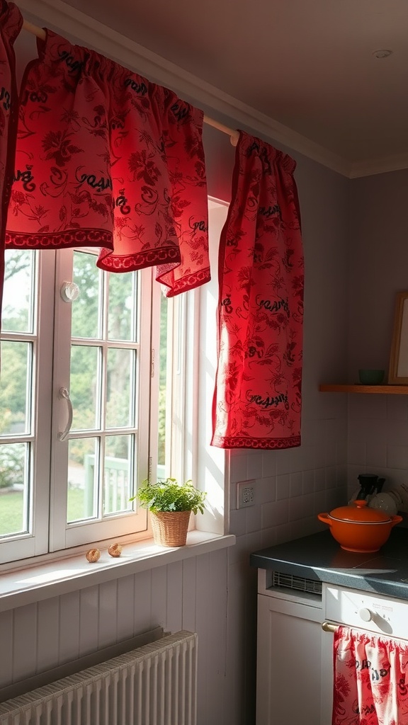 Charming red floral curtains hanging in a kitchen window