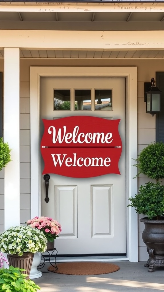A red 'Welcome' sign hanging on a white door surrounded by colorful flowers.