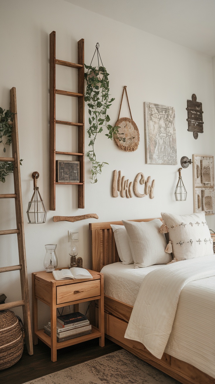 A cozy country bedroom featuring a white accent wall adorned with an eclectic gallery of framed photos and artwork, complemented by a wooden guitar and rustic decor.