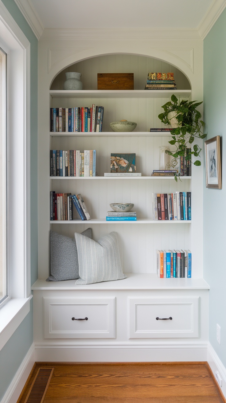 A cozy white bookshelf nook featuring shelves filled with books, a decorative cabinet, and personal touches like a photo and figurine.