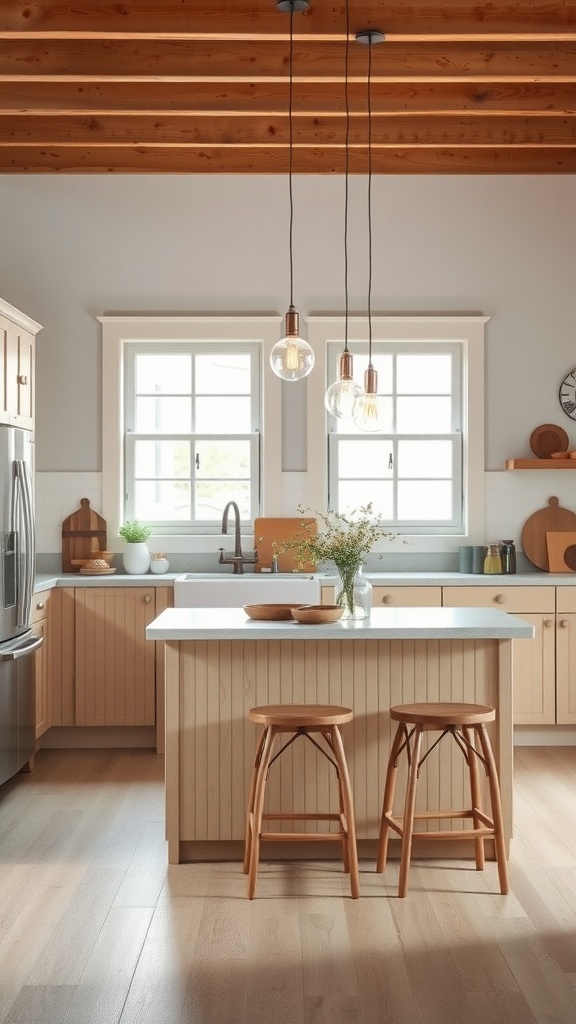 Chic pendant lighting in a Scandinavian kitchen with wooden ceiling and light wooden cabinets.