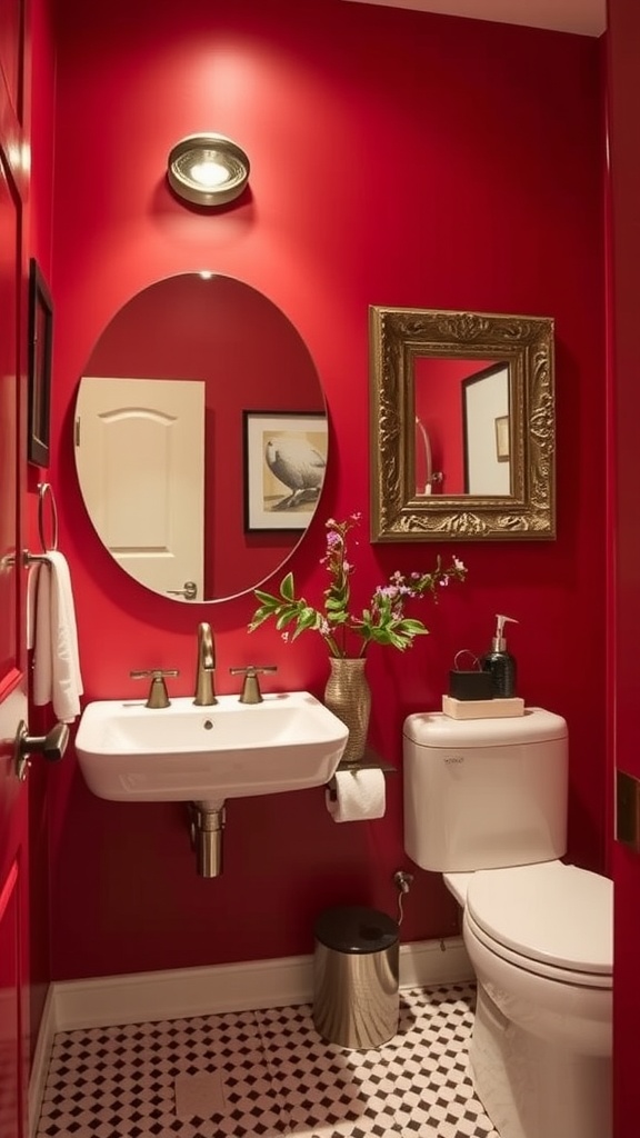 A small bathroom featuring a vibrant red accent wall, modern sink, and elegant decor.