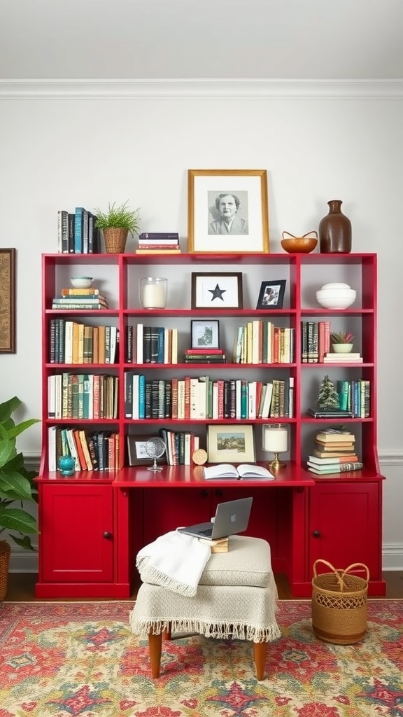 A chic red bookcase filled with books, decorative plants, and personal items, next to a small desk with a laptop.