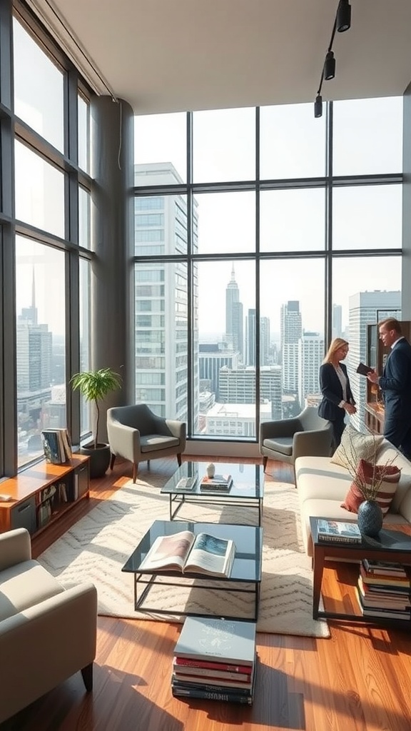 Chic urban loft reading room with city views, featuring floor-to-ceiling windows, modern furniture, and a cozy atmosphere.