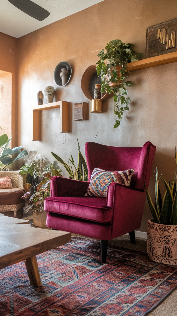 A cozy blue velvet armchair with a decorative pillow, surrounded by boho decor.