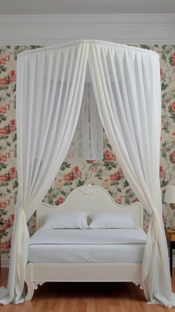 Chic white canopy bed with drapes and floral wallpaper in the background