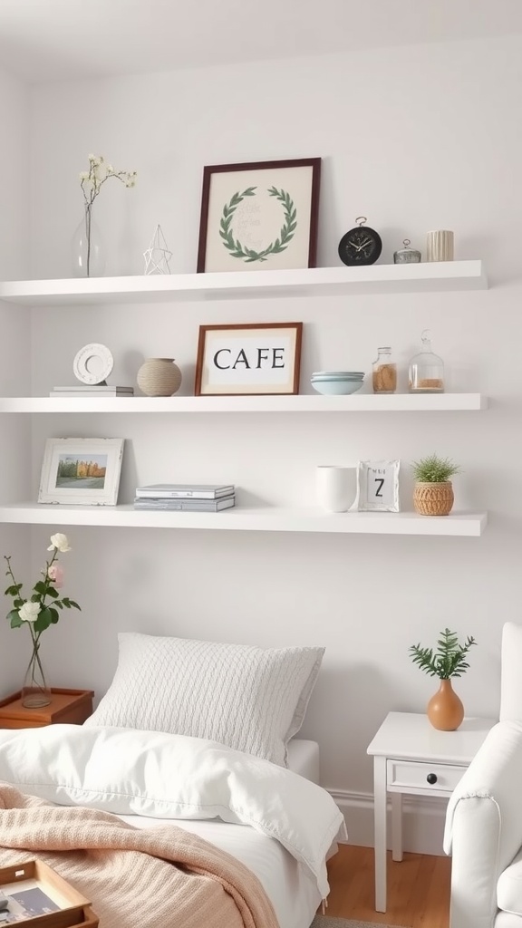Chic white floating shelves with decorative items in a cozy bedroom setting.