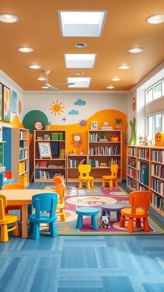 A bright and colorful children's reading room with fun themes, featuring cheerful furniture, playful decor, and shelves filled with books.