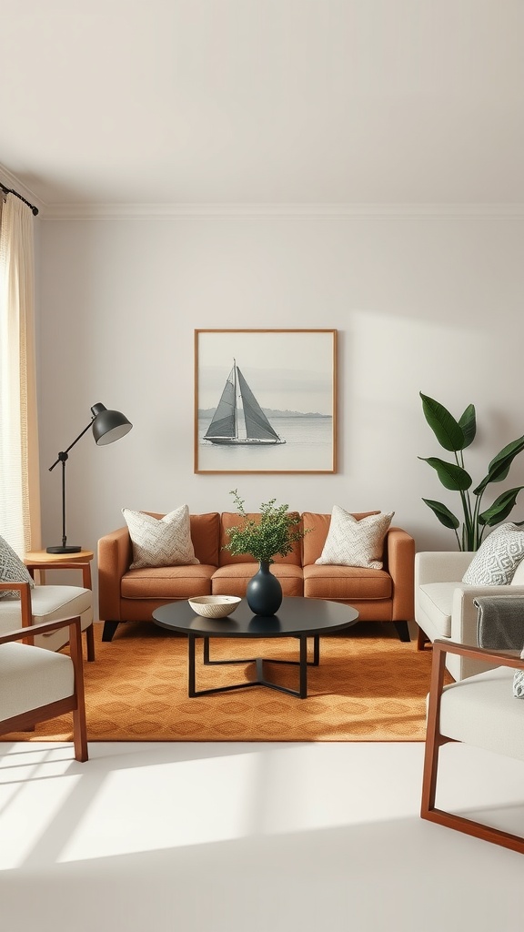 A living room featuring a warm color palette with an orange couch, light curtains, and decorative accents.