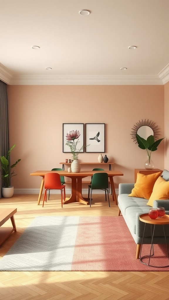 An inviting living room dining room combo with a peach wall, colorful dining chairs, and a cozy sofa.