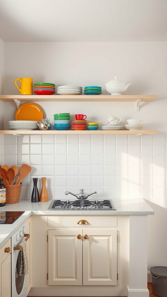 Open shelving in a kitchen displaying colorful plates and bowls