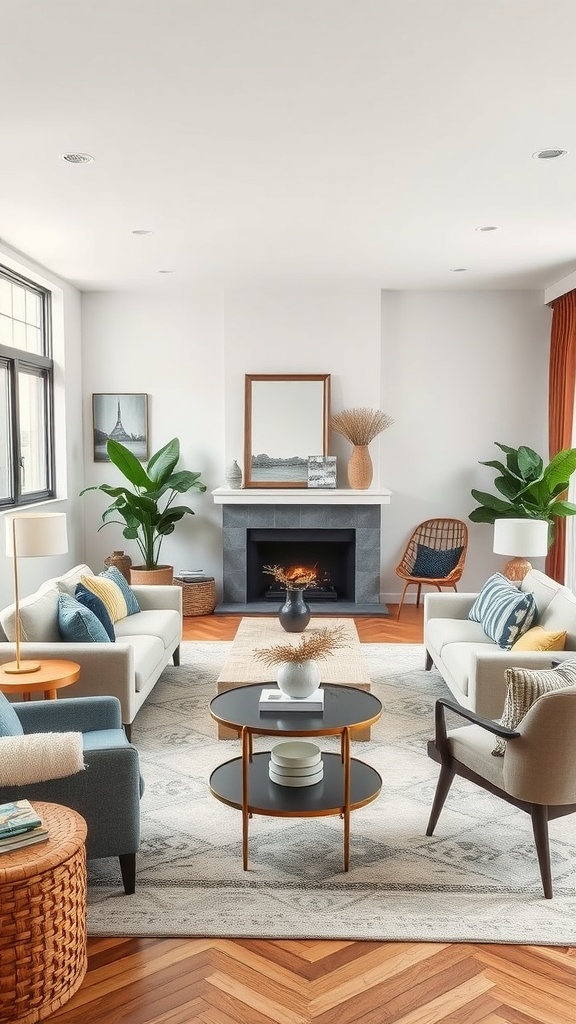 A stylish living room featuring light-colored sofas, a round coffee table, plants, and a cozy fireplace.