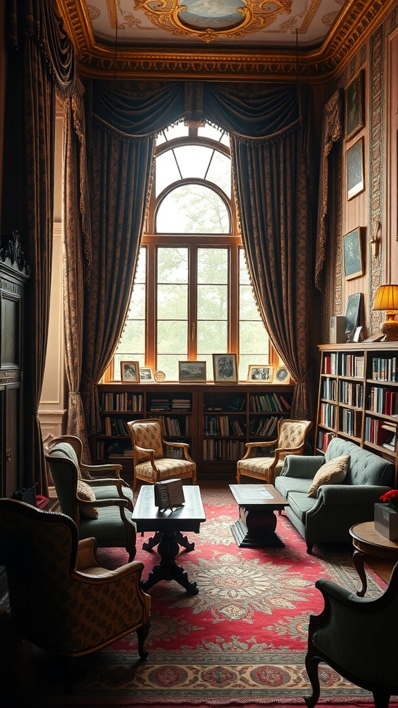 An elegant reading room featuring richly colored fabrics, large windows, and an ornate ceiling.